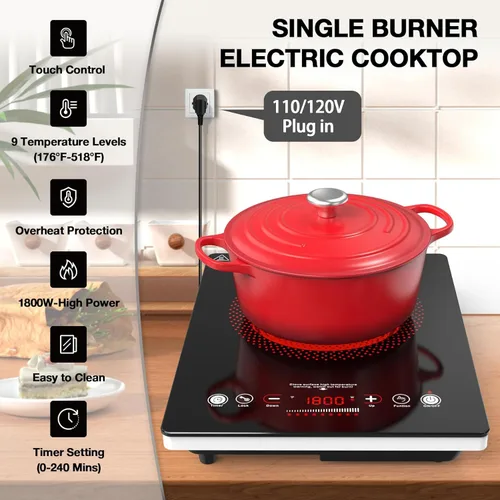 Miniatura 3 de VBGK - Cocina eléctrica de un solo quemador, estufa eléctrica de 110 V y 1800 W con control táctil LED, quemador eléctrico único de 9 niveles