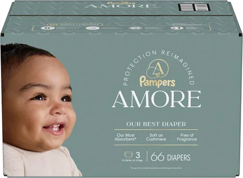 Miniatura 16 de Pampers Amore, tamaño 3 (13-26 libras), 66 unidades, nuestro mejor pañal, hipoalergénico y sin fragancia, hasta 100% a prueba de fugas, suave como