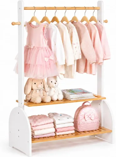 Miniatura 10 de BAMBOOHOMIE Perchero de ropa para niños con varillas ajustables, perchero de ropa para niños, bebés, mascotas, perchero para niños con 2 estantes