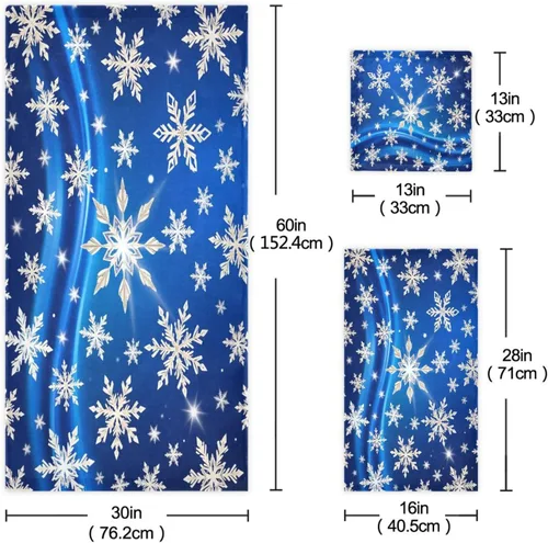 Miniatura 2 de Juego de 3 toallas de baño de copos de nieve azules y blancos de invierno, juego de 3 toallas de mano de Navidad, toallas de mano de baño, toalla
