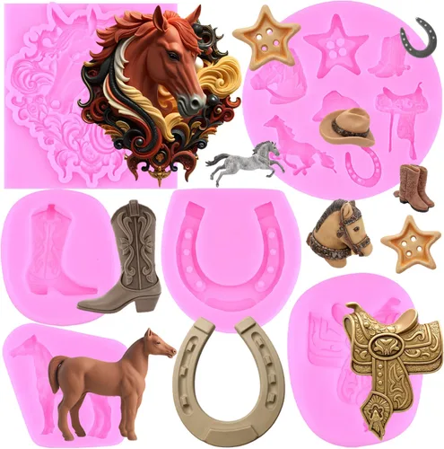 Miniatura 10 de Mujiang Moldes de silicona de cabeza de toro, botas de vaquero de plumas, flechas de herradura, molde de fondant, molde de chocolate para cactus