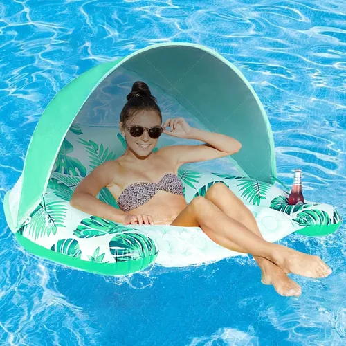 Miniatura 10 de COOLCOOLDEE Flotador de piscina con toldo y portavasos - Flotador de silla de piscina XL con cubierta de parasol ajustable, portavasos, respaldo Azul