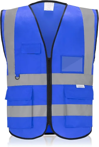 Chaleco de seguridad reflectante con bolsillos, tira plateada de alta visibilidad para hombres y mujeres (azul, XXL)