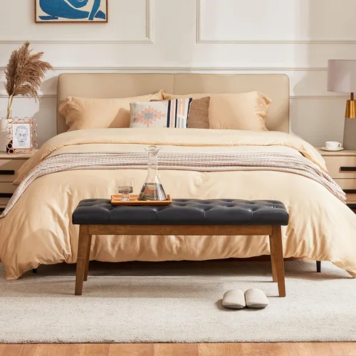 Miniatura 9 de HUIMO Banco de entrada, cuero negro, madera maciza, duradero y resistente al desgaste PU-Negro