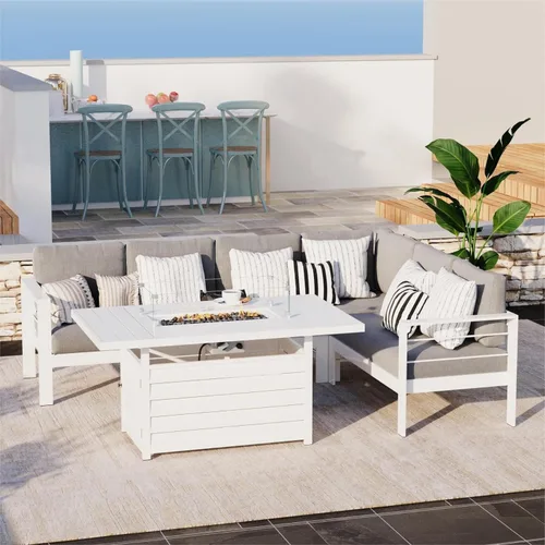 Solaste Juego de muebles de patio de aluminio con mesa para fogata, muebles seccionales de metal para exteriores con otomana, moderno juego de