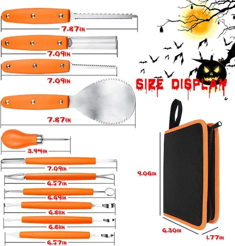 Miniatura 3 de Kit profesional de tallado de calabaza, 11 piezas de herramientas de tallado de acero inoxidable resistentes para Halloween con estuche de Naranja