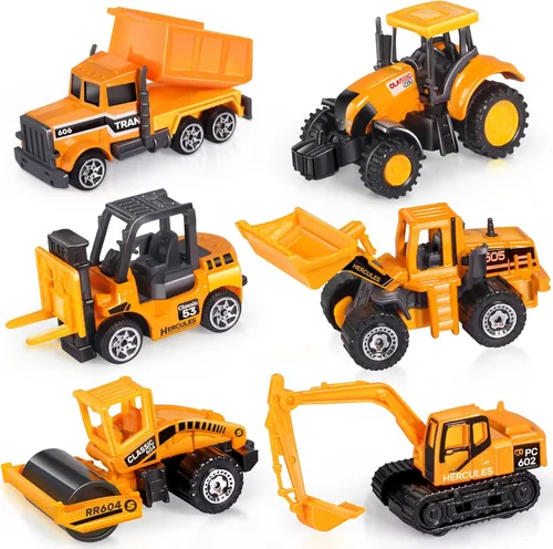 Oriate Construction Juego de 6 piezas de automóviles fundidos a presión, incluyendo bulldozers, carretillas elevadoras, excavadora y otros autos de