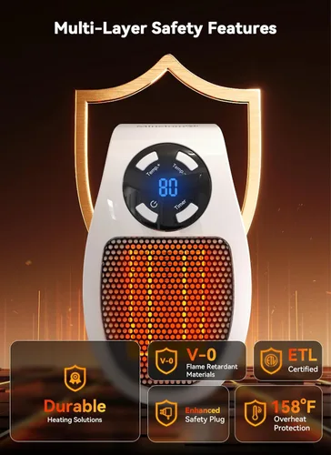 Miniatura 3 de Calentador de enchufe de 450 W para uso en interiores, calentador eléctrico de pared con control remoto, temporizador de 12 horas y pantalla LED