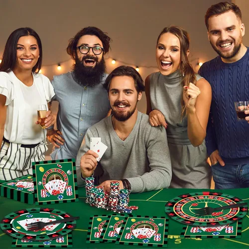 Miniatura 6 de Juego vajilla 96 piezas para fiesta con temática de casino, decoraciones fiesta cumpleaños Las Vegas, platos de papel de postre, servilletas