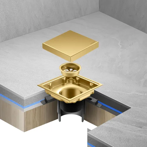 Miniatura 5 de Desagüe de suelo de ducha cuadrado cepillado oculto, dorado de 4 pulgadas, acero inoxidable 304, con brida, cubierta desmontable incrustada en Oro