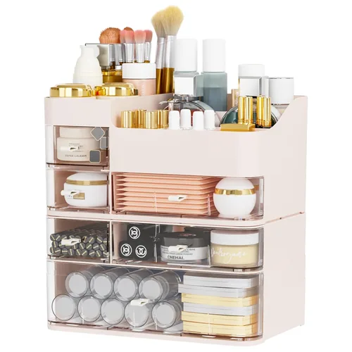 Miniatura 11 de Organizadores de maquillaje rosa para tocador con 3 cajones, organizadores grandes para el cuidado de la piel para encimera, escritorio, aparador