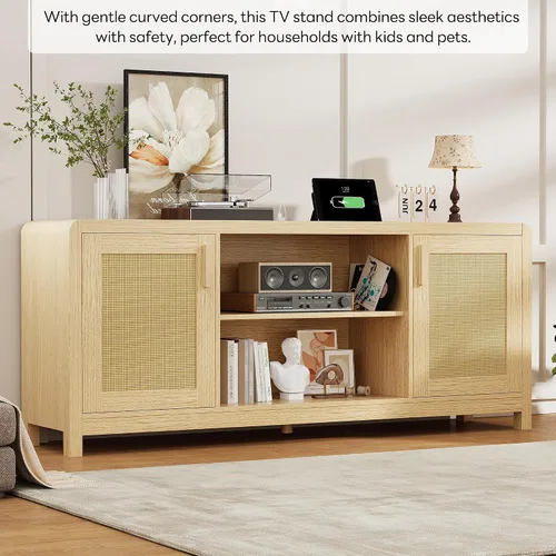 Miniatura 6 de LIKIMIO Soporte de TV con toma de corriente para televisores de hasta 65 pulgadas, centro de entretenimiento con puertas de ratán de almacenamiento