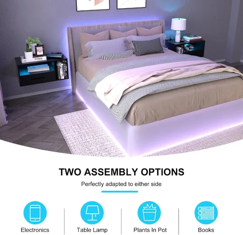 Miniatura 4 de Mesita de noche flotante con estación de carga y tiras de luz LED, mesita de noche de 21.3 pulgadas con cajones, mesita de noche flotante