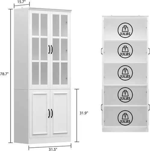 Miniatura 2 de Homsee Estantería alta con 5 estantes de almacenamiento y 2 puertas de vidrio, armario de almacenamiento de madera para oficina en casa, sala