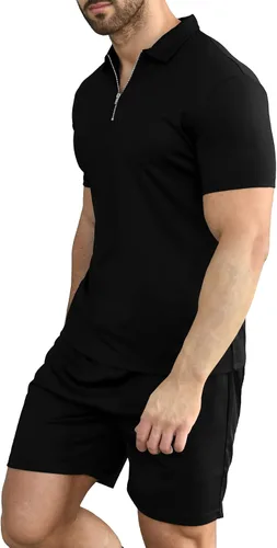 Miniatura 2 de YTD Conjunto de camisa polo y pantalones cortos de manga corta para hombre, conjunto de dos piezas de verano con cremallera, conjunto deportivo