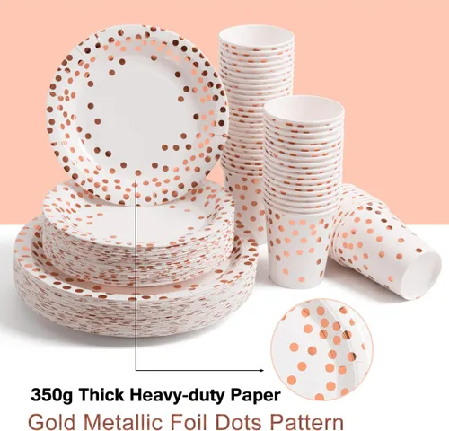 Miniatura 5 de HOMIX 350 platos y servilletas de oro rosa para fiestas, sirve 50 platos de papel desechables, servilletas, vasos, cubiertos para decoraciones