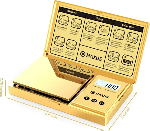Miniatura 6 de MAXUS Báscula digital de gramos con capacidad de 7.05 oz x 0.00 oz, elegante cubierta chapada en oro y plataforma para un pesaje preciso y preciso