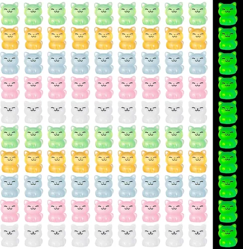 100 mini figuras de gato: adornos de resina que brillan en la oscuridad para decoración de pasteles, manualidades y decoración de paisaje de musgo