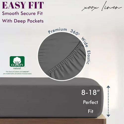 Miniatura 5 de XOOX Linen Sábana bajera de 500 hilos tamaño individual – Sábana bajera de 500 hilos suave de tejido satén de 100 % algodón color gris oscuro