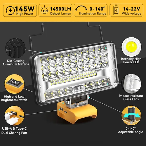 Miniatura 3 de MtiolHig Luz de trabajo LED inalámbrica compatible con batería Dewalt de 20 V, 112 W, 11200 lúmenes, herramienta de luz de trabajo debajo del capó