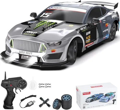 Dollox Auto de control remoto 1/16 de escala, RC Drift Car 2.4GHz 4WD de alta velocidad 18+KM/H, vehículo con luces LED y spray, neumáticos extra