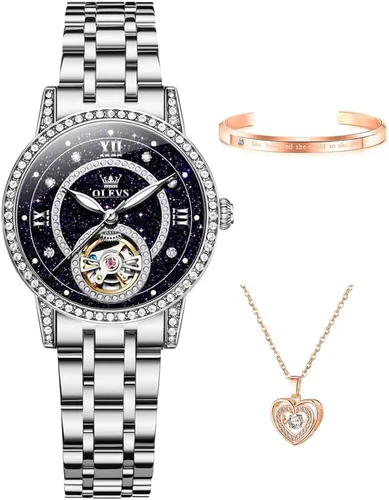 Miniatura 3 de OLEVS Reloj de pulsera automático con diamantes Tourbillon de lujo de acero inoxidable, impermeable, luminoso, para regalo de mujer, oro rosa, azul
