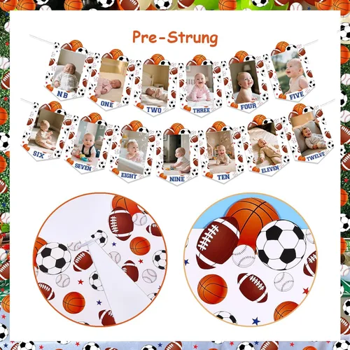 Miniatura 8 de Sursurprise Decoraciones deportivas de primer cumpleaños, pancarta mensual de fotos para niños, suministros de fiesta de primer cumpleaños