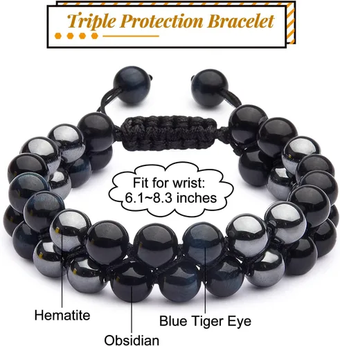 Miniatura 2 de Ornaland Pulsera de triple protección para hombres y mujeres, ojo de tigre, obsidiana, hematita, 0.315in, pulsera de cristal curativo, alivio