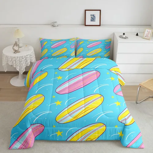 Miniatura 8 de Erosebridal Juego de edredón de ballena náutica, tamaño individual, juego de ropa de cama vintage azul con ondas oceánicas para niños y niñas