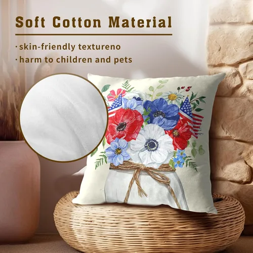 Miniatura 4 de Juego de 2 fundas de cojín decorativas con bandera americana y flores de amapola roja y azul, 16 x 16 pulgadas, fundas cuadradas para sofá, sillón
