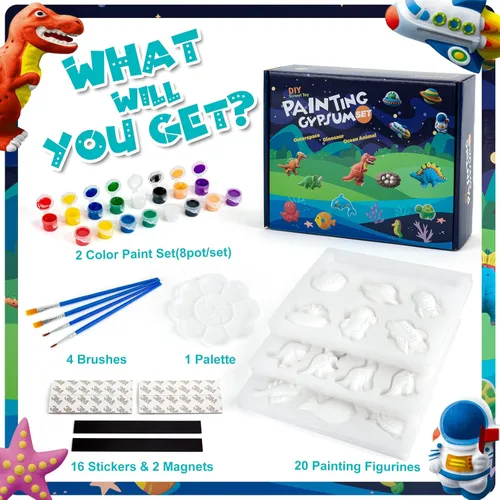 Miniatura 6 de Juboury Kit de manualidades para niños, pintura en yeso, juego de arte para pintar tu propio espacio, dinosaurios y figuras de vida marina, kit