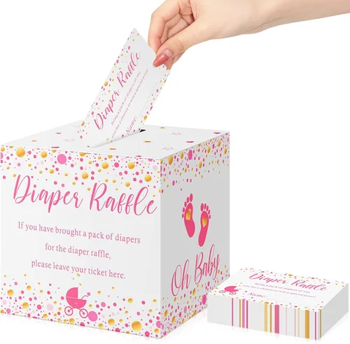 Miniatura 18 de Funrous 51 boletos para rifa de pañales con caja para invitaciones de juegos de baby shower, tarjeta de rifa de pañales para revelación de género