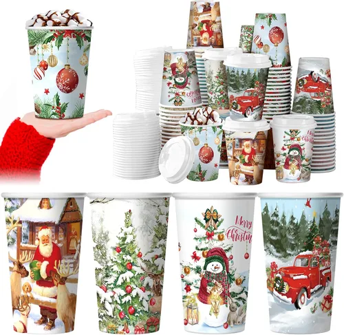 Miniatura 9 de Gerrii Juego de 100 vasos de papel de Navidad desechables de 12 onzas con tapas, tazas de chocolate caliente, tazas de café, tazas calientes