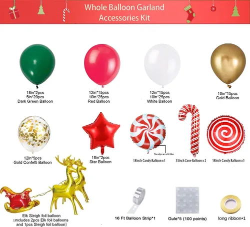 Miniatura 3 de Kit de arco de guirnalda de globos de Navidad con globos de trineo con lentejuelas rojas, doradas, blancas, verdes, doradas, estrellas, alces