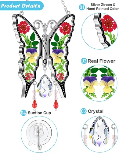 Miniatura 4 de KY&BOSAM Atrapasoles de Mariposa de Cristal de Vidrio Emplomado Atrapasol para Ventana Colgante Campanilla de Viento con Flores Secas y Coloridos