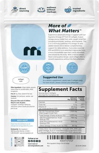 Miniatura 7 de Micro Ingredients Supreme Omega-3 Aceite de pescado con EPA y DHA ultra altos, cápsulas blandas sin eructos rTG Omega-3 con vitamina D3 Pescado