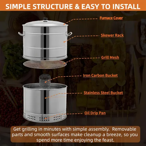 Miniatura 5 de Parrilla vertical 2 en 1 para ahumar, barbacoa de carbón portátil de acero inoxidable sin humo de 360°, para barbacoa al aire libre, campamento