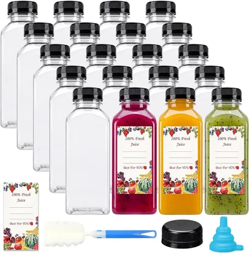 Miniatura 9 de SUPERLELE 12 botellas de plástico de 8 onzas con tapas, recipientes transparentes reutilizables para jugo con etiquetas, embudo y cepillo