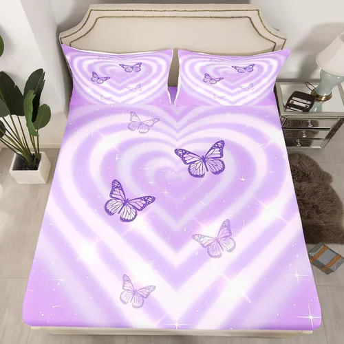 Miniatura 2 de Manfei Juego de sábanas para niños con corazones de lavanda, tamaño individual, juego de ropa de cama de mariposa morada para niños, niñas