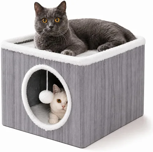 Miniatura 7 de Casa de condominio para gatos con cojines reversibles y bola esponjosa colgante, cubo plegable para gatos, cama cueva grande para gatitos