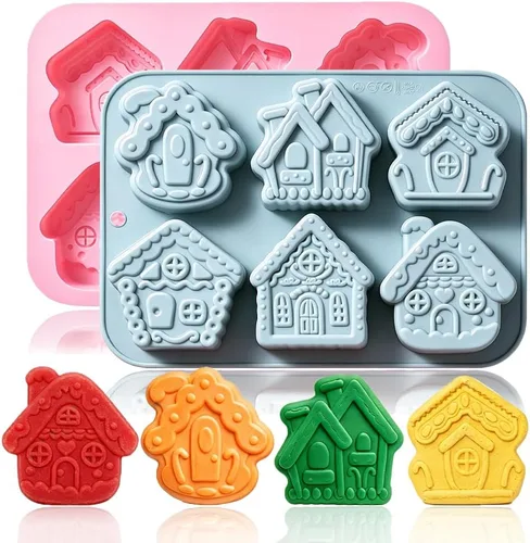 Paquete de 2 moldes para tartas de casa de jengibre, molde para hornear de casa de jengibre de Navidad, molde de silicona para hornear 6 cavidades,