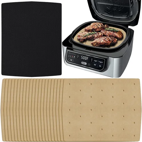 Miniatura 14 de WMKGG Papel pergamino rectangular para freidora de aire, 100 forros desechables perforados para freidora de aire con 2 alfombrillas de parrilla