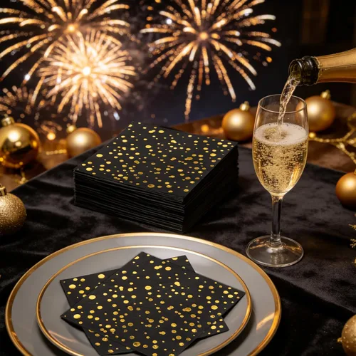 Miniatura 6 de Paquete de 80 servilletas de cóctel de papel negro con confeti de lunares de lámina dorada, suministros de fiesta de lunares (5 x 5 in, 3 capas)