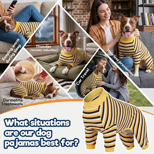 Miniatura 4 de LovinPet Pijama para perros grandes, camisa de algodón con rayas negras y amarillas, mameluco de cobertura completa para perro, pijamas
