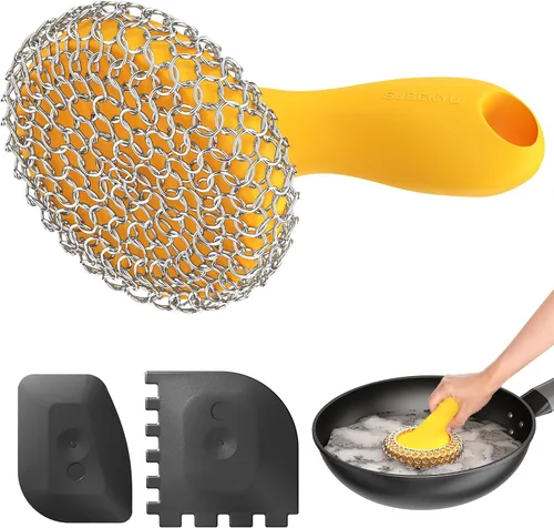 Miniatura 9 de SUBEKYU Estropajo de Hierro Fundido con Mango de Silicona, Limpiador de Sartén de Hierro Fundido de Acero Inoxidable Estropajo de Malla Metálica Gris