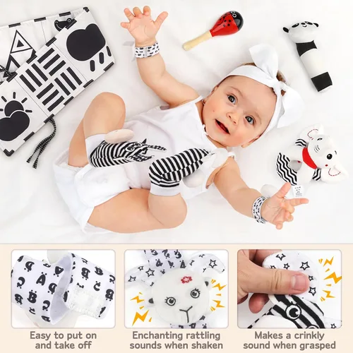 Miniatura 3 de Dreamon 32 juguetes sensoriales de alto contraste para bebés en blanco y negro, juguetes para recién nacidos con sonajero, libro suave y tarjetas