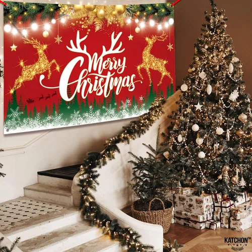 Miniatura 7 de KatchOn Cartel de Feliz Navidad extra grande – 72 x 44 pulgadas Fondo rojo de Navidad para decoraciones de fiesta Banner de letras iluminadas