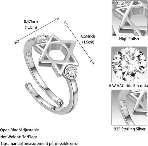 Miniatura 32 de Jewmon Anillo de plata de ley con estrella de David para mujer – Anillo ajustable Magen David – Amuleto Wicca – Regalos judíos