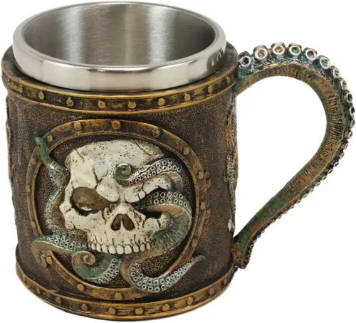 Miniatura 6 de Ebros Nautical Cthulhu Cósmico Octopus Wrecking Cráneo humano en marco de ojo de buey con ancla taza de bebida de resina de 13 oz con forro de acero