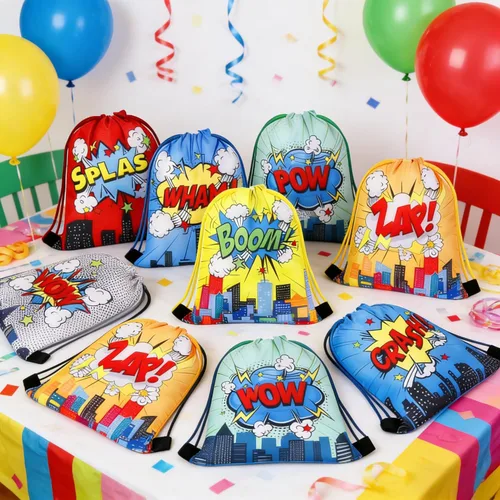 Miniatura 5 de Clabby 12 mochilas con cordón para fiesta de héroes a granel, bolsas de regalo, bolsas de regalo de cómics Boom para fiesta de cumpleaños